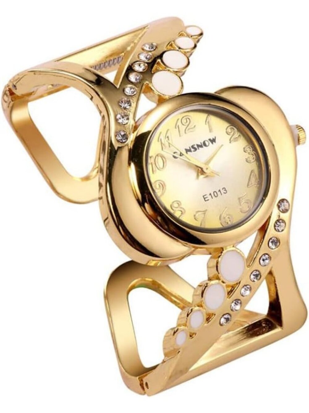 Women's Gold Luxury Crystal Cuff Bracelet Round Dial Analog Quartz Wrist Watch